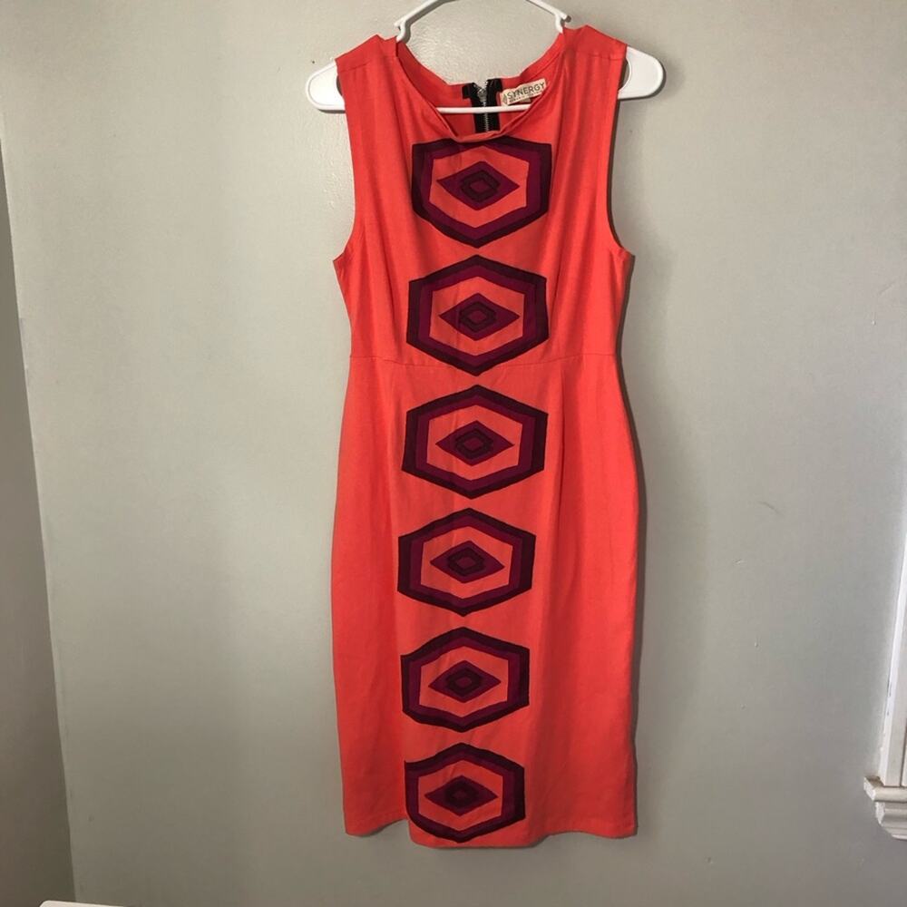 Synergy organic cotton midi sleeveless dress vibrant geometric hexagon print L